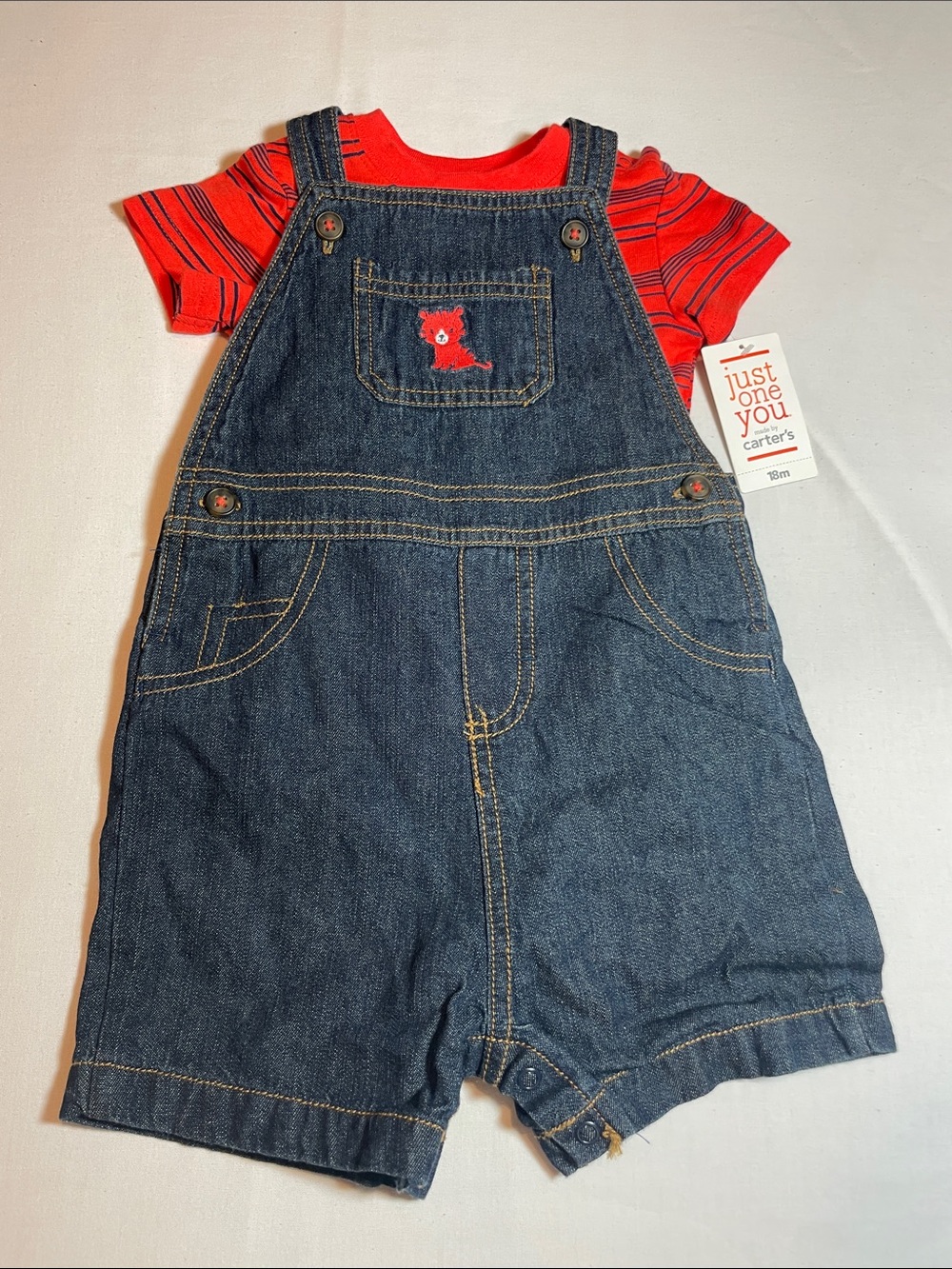 Carter's Red Striped Tee with Denim Shortall Overalls